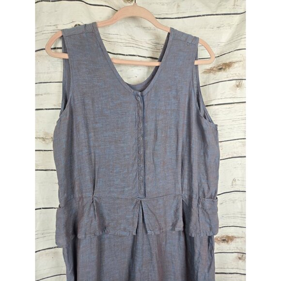 Flax Blue Linen Jumpsuit M Wide Leg Ruffle Snap Front Sleeveless Lagenlook - Picture 2 of 8